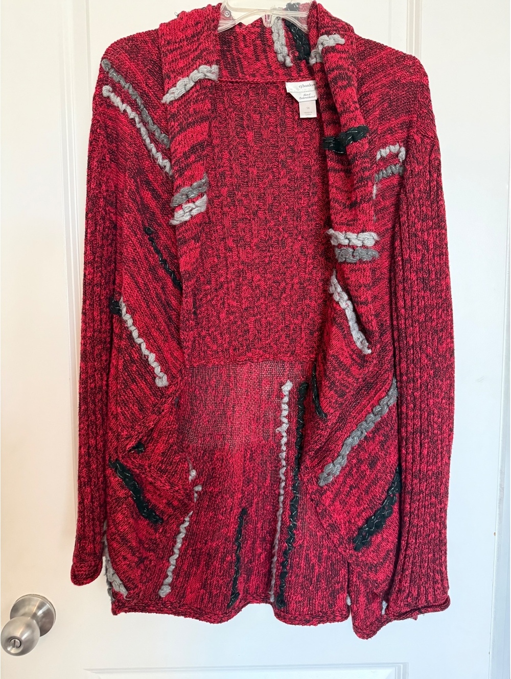 CJ Banks Women's Hand-Embroidered Red and Black Open Front Cardigan Sweater, 1X